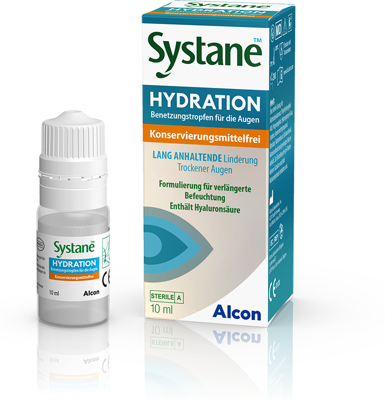 Das Bild zeigt eine Flasche Systane HYDRATION Benetzungstropfen mit Umverpackung